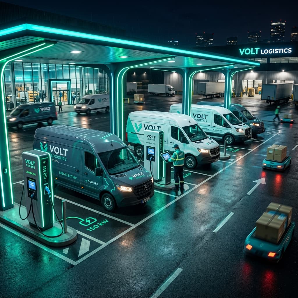 Electric logistics fleet charging at a Nemesis infrastructure hub